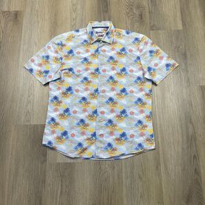 Johnnie O Hangin Out Shirt Mens Medium Blue Yellow Hawaiian Palm Tree Island